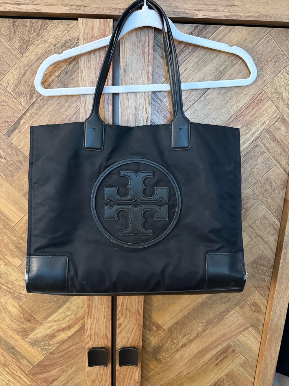 Tory Burch Black Nylon Logo Tote with Leather Trim